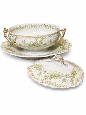Elite Limoges France Covered Tureen Underplate Antique Green Floral